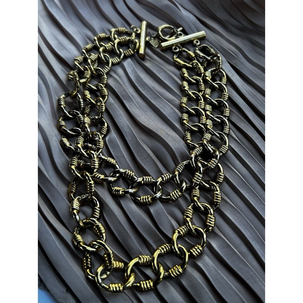 Vintage Anne Klein Gold Tone Triple Strand Chain Necklace Lion Logo Toggle Clasp
